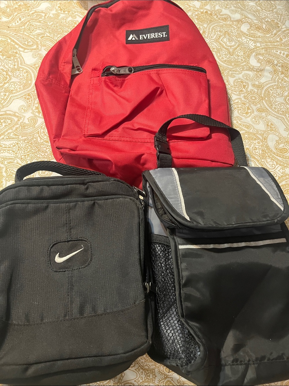 Red Backpack - Classic Everest Men’s Bag, plus two lunch bags, Nike and Gemline.
